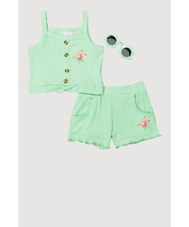 Toddler Girls Flower Detail Tank Top and Shorts with Sunglasses