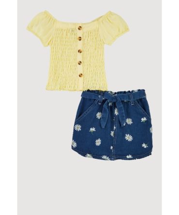 Toddler Girls Puff Sleeve Top and Tie Waist Belted Denim Skirt