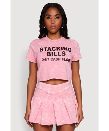 Trendy Mineral Wash Stacking Bills Graphic Crop Top