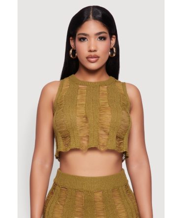 Trendy Sleeveless Distressed Crop Top