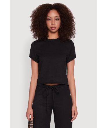 Trendy Textured Knit Cropped Crew Neck Top