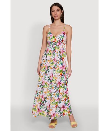 Tropical Floral Maxi Dress with V Neck and Smocked Details