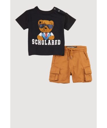Baby Boy 0-9M Chenille Bear Scholared T Shirt and Cargo Shorts Set with Patches