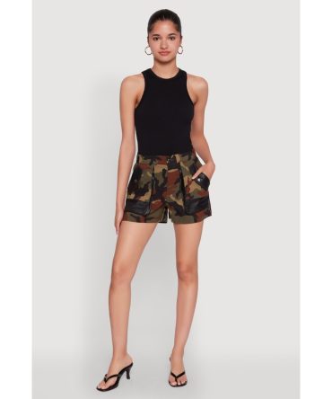 Camouflage Shorts with Faux Leather Contrast Trim