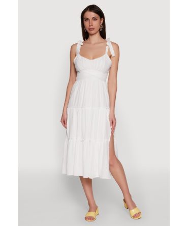 Chic Bow Strap Tiered Sundress with Side Slit