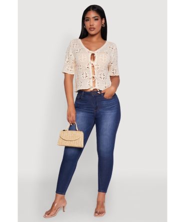 Chic Crochet Tie Front V Neck Cropped Cardigan