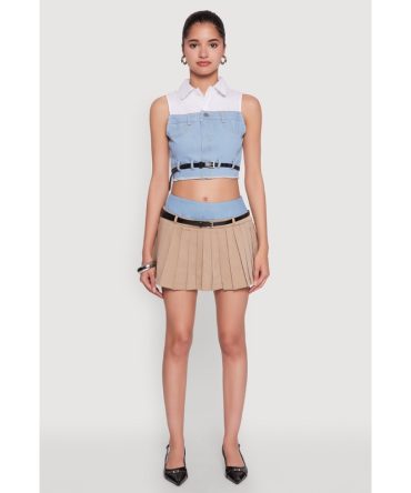 Chic Denim Waistband Pleated Mini Skirt with Belt