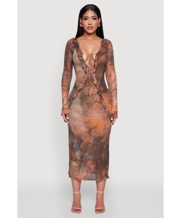 Chic Mesh Ruffle Tie Front Bodycon Dress