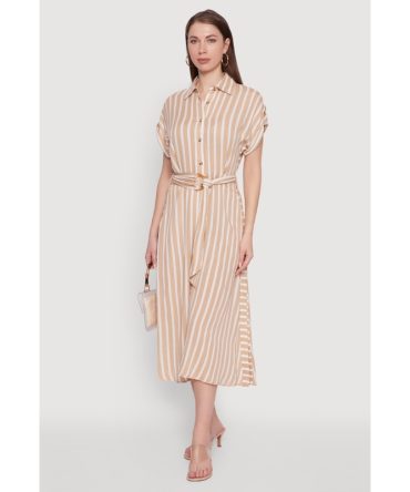 Chic Striped Shirt Dress with O Ring Tie Waist Belt