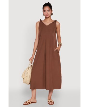 Chic V-Neck Knot Strap Pleated Detail Sundress for Summer