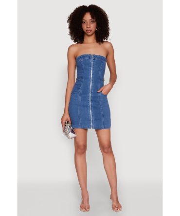 Denim Zip Front Mini Tube Dress