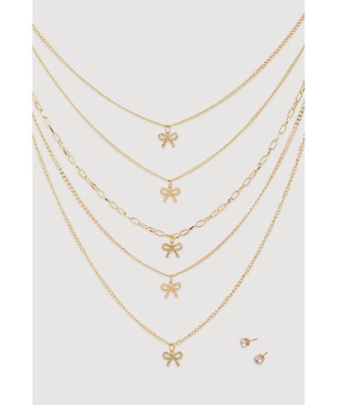 Elegant Cubic Zirconia Bow Detail Layered Necklace Set