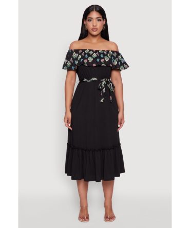 Elegant Floral Ruffle Overlay Tiered Dress with Tie Waist Belt