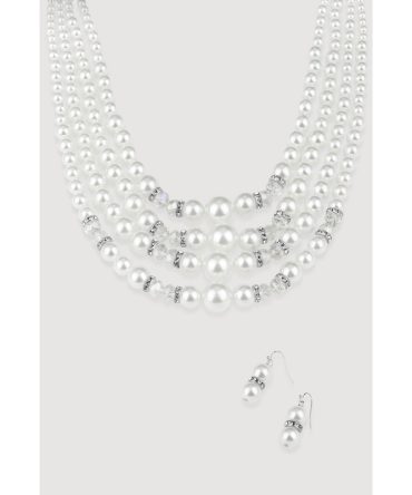 Faux Pearl Rhinestone Beaded Layered Necklace with Drop Earrings