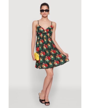 Floral Tropical Print Sleeveless Sundress with V Neck