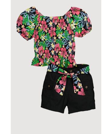 Girls Floral Print Puff Sleeves Top and Tie Waist Belt