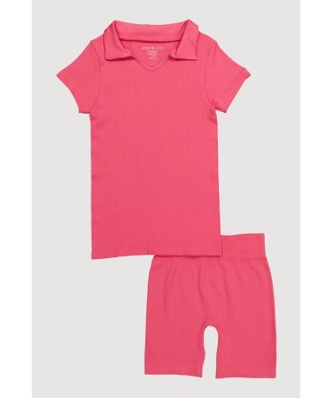 Girls Seamless Ribbed Knit Polo Shirt and Bike Shorts Set