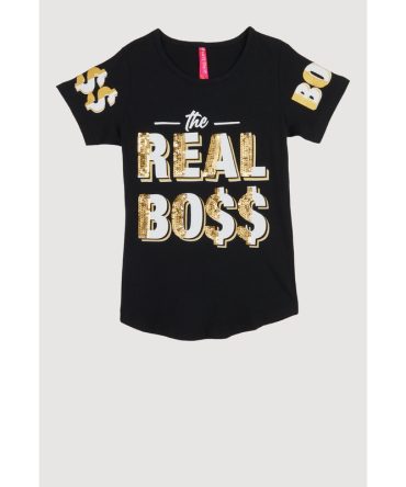 Girls Sparkly Sequin The Real Boss T Shirt