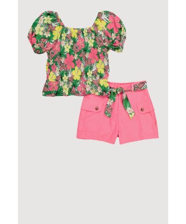 Girls Trendy Floral Print Peasant Top and Cargo Shorts