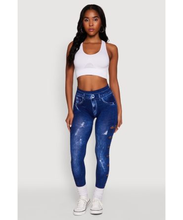 Laser Cut Distressed Denim Print Leggings