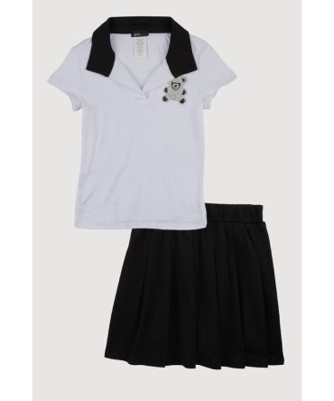 Little Girls Rhinestone Bear Polo Shirt and Pleated Skirt