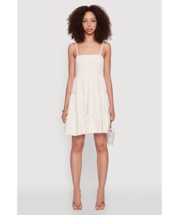 Madden Girl Linen Tiered Sundress with Smocked Square Neck