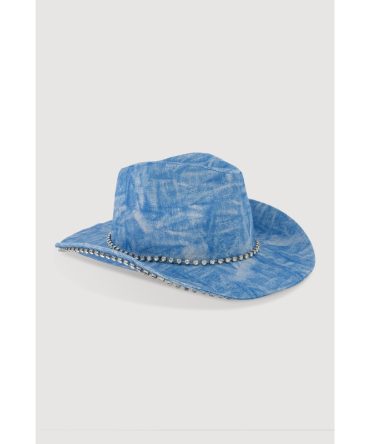 Rhinestone Trim Denim Print Cowboy Hat