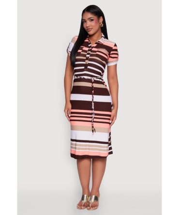 Stylish Tie Waist Belted Tabbed Sleeve Shirt Dress