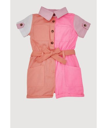 Toddler Girls Color Block Twill Romper with Tie Waist Belt