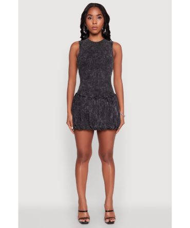 Trendy Acid Wash Bubble Hem Skater Dress with Open Back