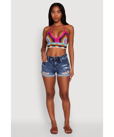 Trendy Crochet Patterned Cropped Halter Top