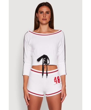 Trendy French Terry 48 Graphic Varsity Stripe Crop Sweatshirt