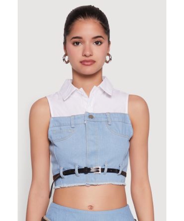 Trendy Sleeveless Buttoned Zip Front Cropped Blouse with Belt