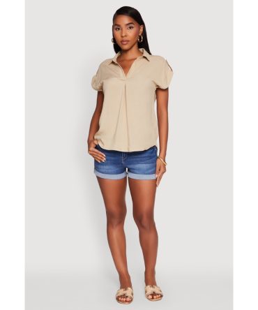 Trendy Tabbed Short Sleeve Collared Blouse