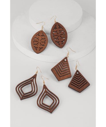 Assorted Wooden Geometric Laser Cut Drop Earring Set of 3