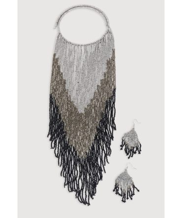 Chevron Beaded Fringe Drop Earrings and Necklace Set