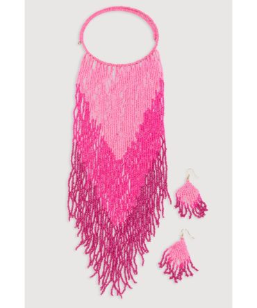 Chevron Beaded Fringe Necklace and Drop Earrings Set