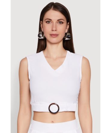 Chic Crepe Knit V Neck Sleeveless Crop Top with Belted Front