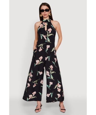 Chic Floral Print Sleeveless Halter Neck Jumpsuit