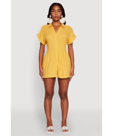 Chic Gauze Knit Button Front Romper with Cap Sleeves