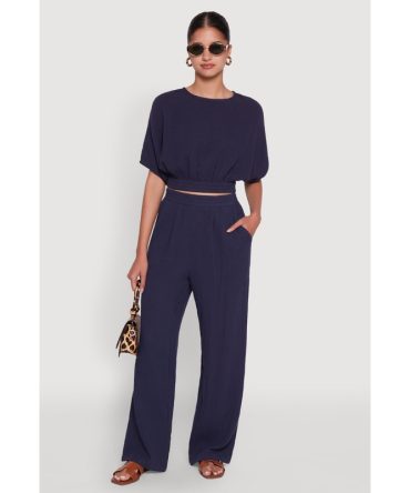 Chic Gauze Knit Crew Neck Cropped Blouse with Bubble Sleeves