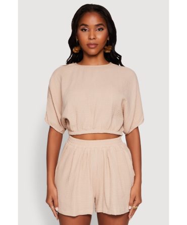 Chic Gauze Knit Crew Neck Cropped Blouse with Dolman Sleeves