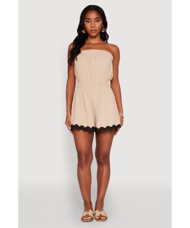 Chic Scalloped Contrast Trim Strapless Romper