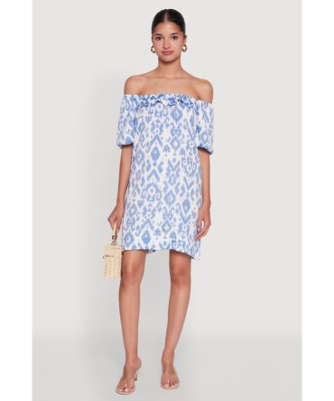 Floral Off Shoulder Bubble Sleeve Shift Dress with Ruffles