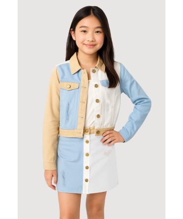 Girls Distressed Frayed Color Block Jean Jacket