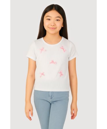 Girls Ribbed Knit Bow Short Sleeve Tee