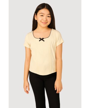 Girls Ribbed Knit Lace Detail Square Neck T-Shirt