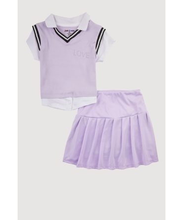 Girls Stylish Rhinestone Varsity Stripe Polo and Pleated Skirt