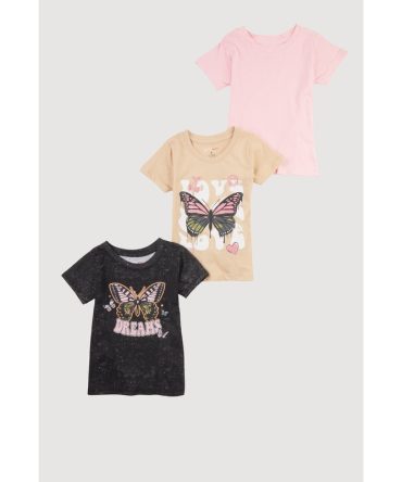 Girls Trendy Glitter Butterfly Graphic Tees 3 Pack