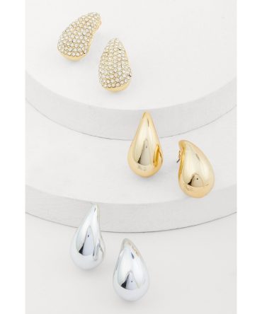 Metallic Rhinestone Teardrop Stud Earrings Set of 3
